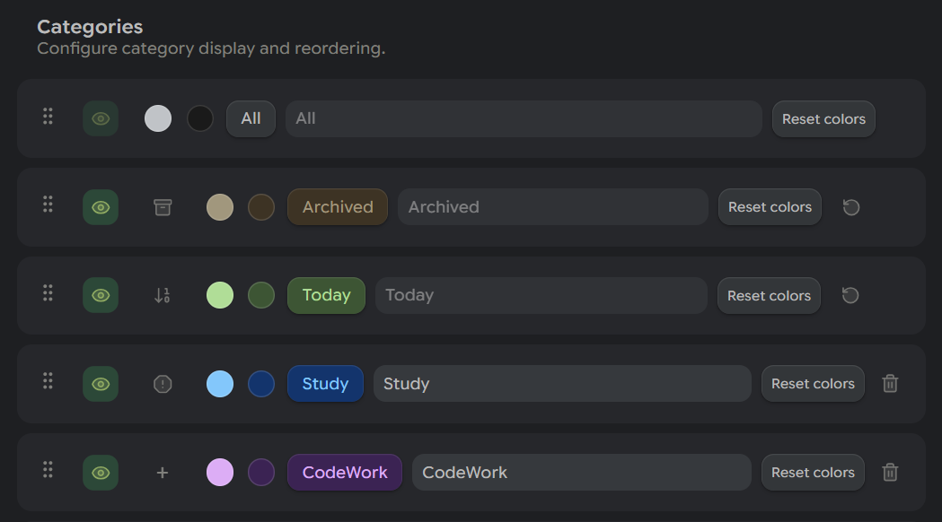 Categories settings