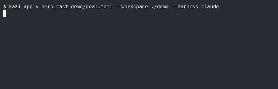 A real kazi apply run: kazi.loop reports iter=1 failing=["tests-pass"], then iter=2 failing=[], then CONVERGED — every predicate is satisfied (predicate vector: [pass] tests-pass).