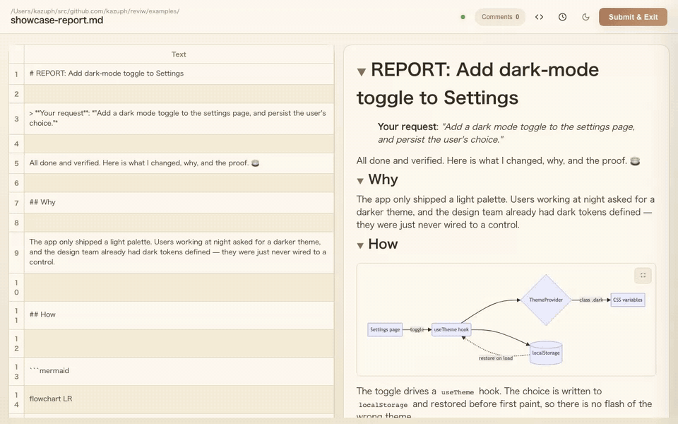 yunomi demo: the agent serves its report, you scroll the evidence, leave a comment, and approve