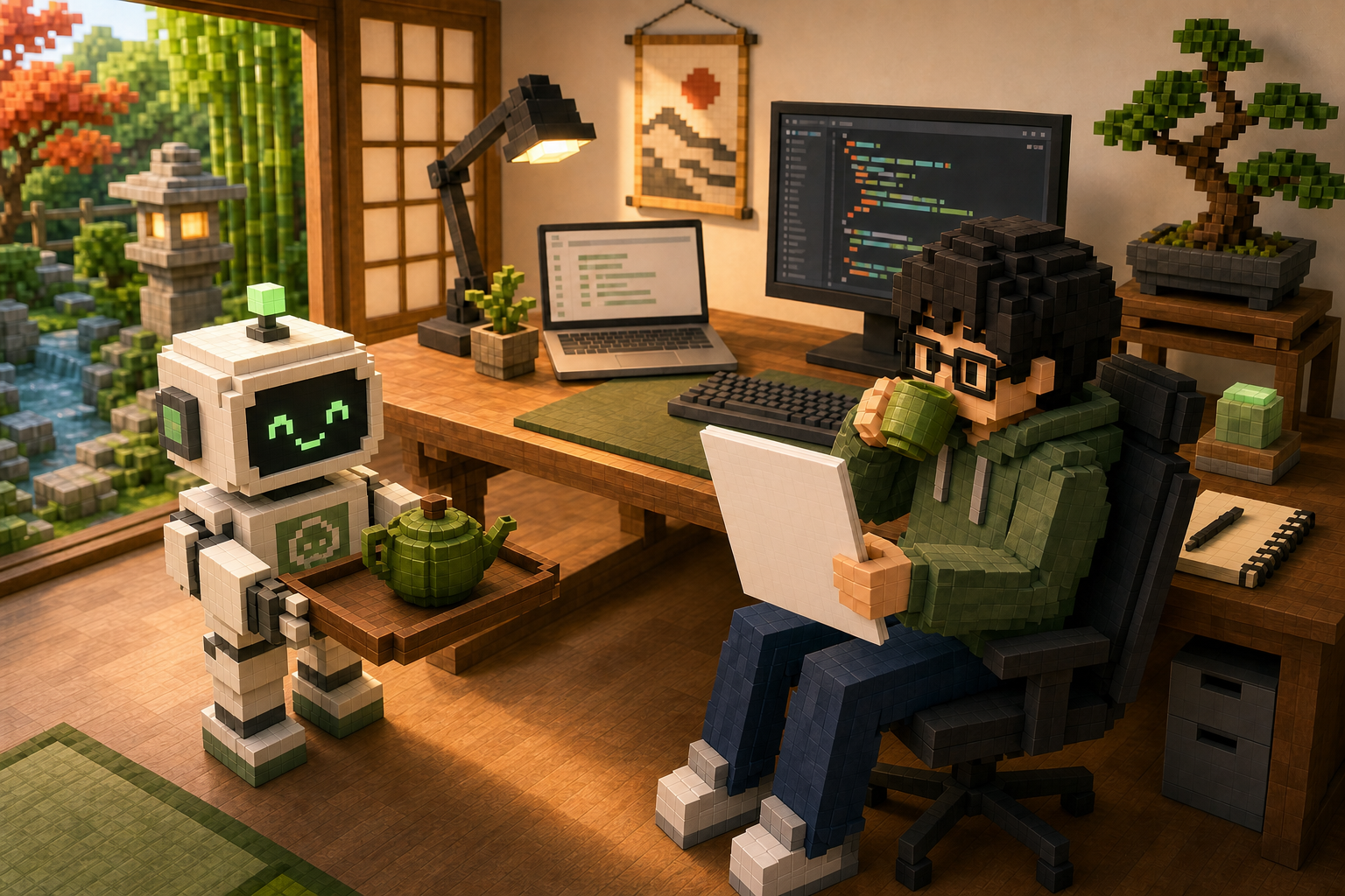 a voxel robot quietly serving tea while an engineer reads a report