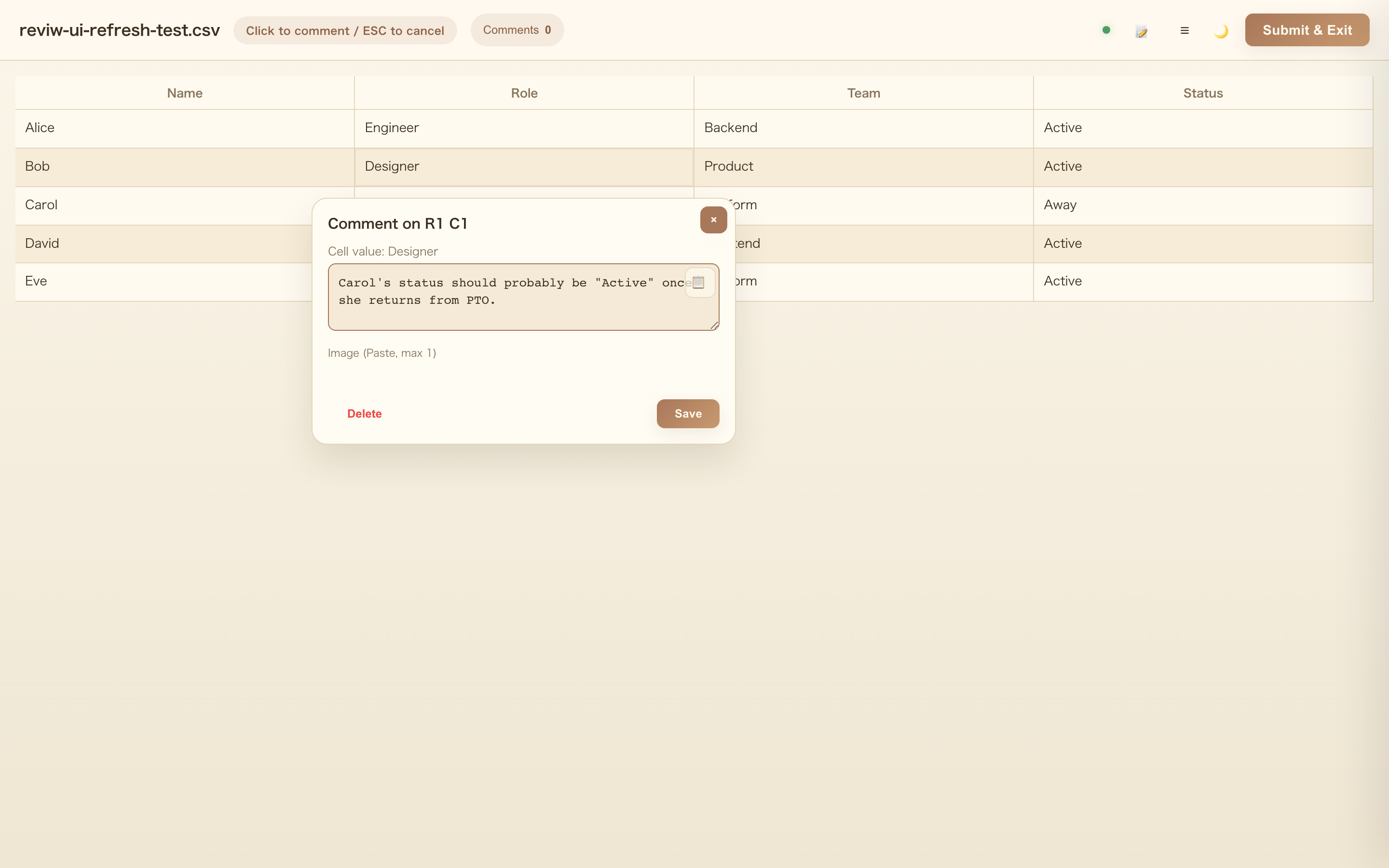 Comment Dialog