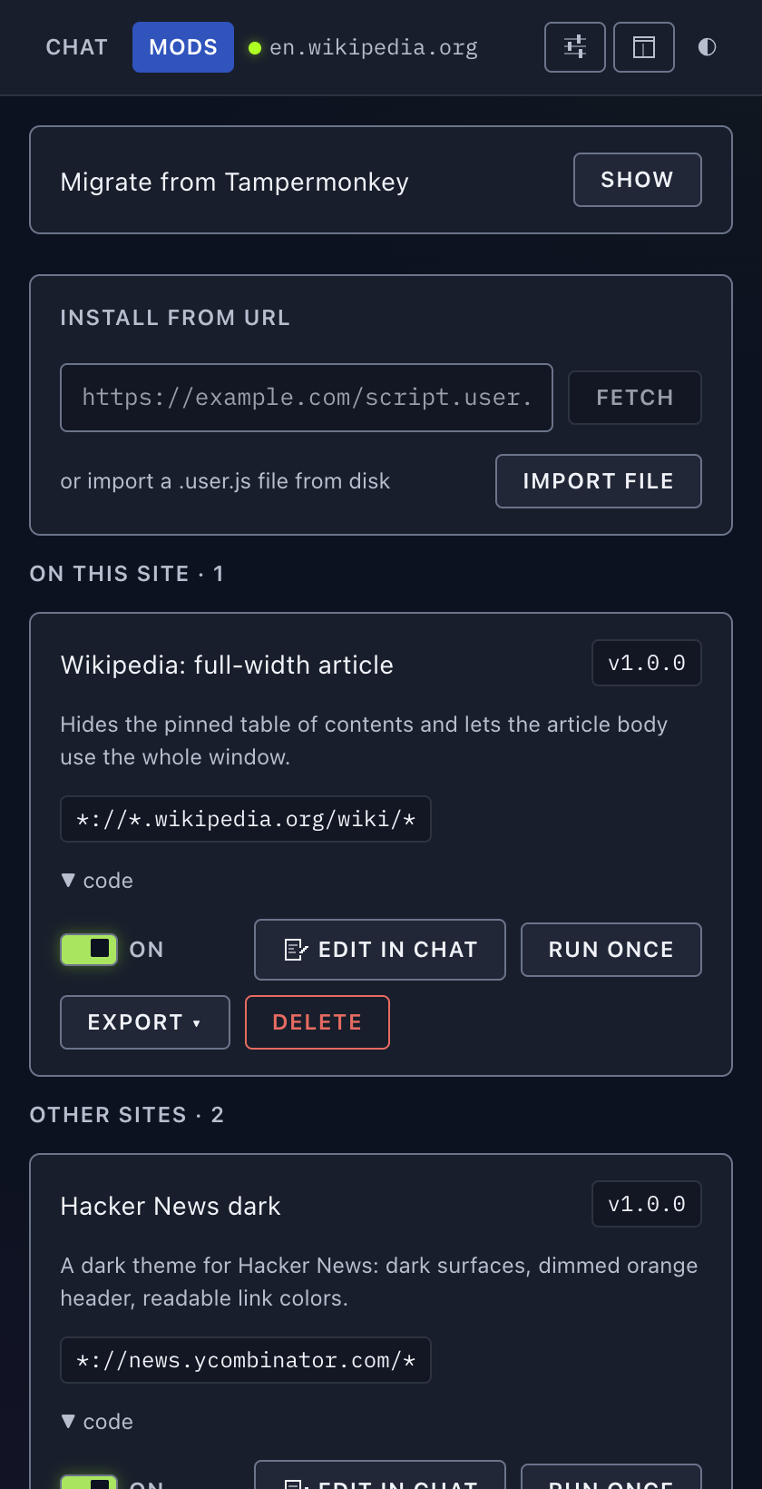 The Mods view listing three saved mods, split into the ones matching this site and the rest.