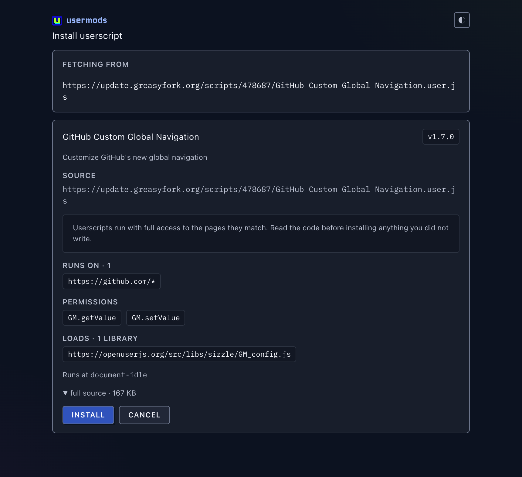 The install page previewing a script fetched from Greasy Fork, with its matches, GM permissions and required library.
