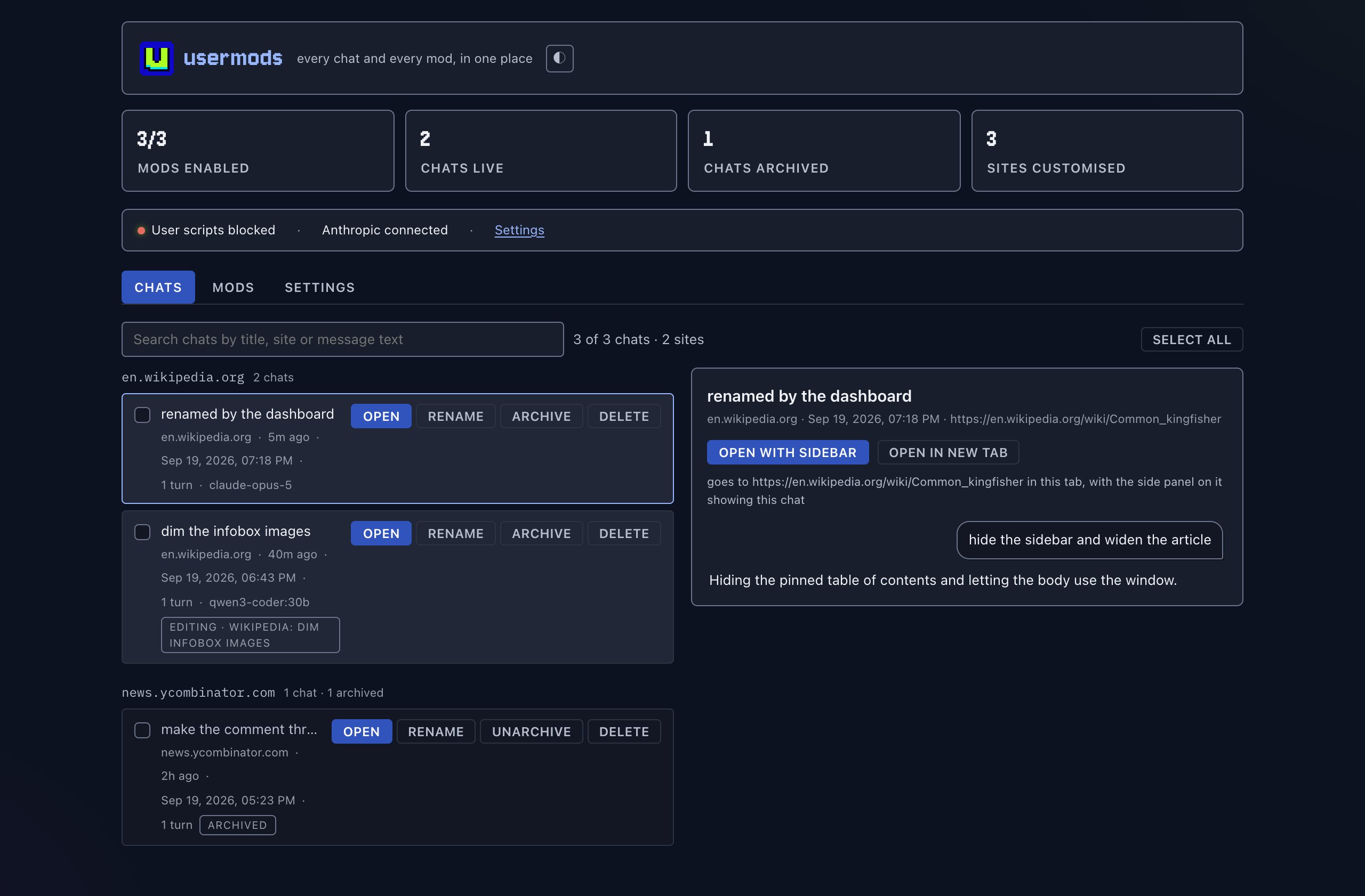 The dashboard, showing the overview strip, chats grouped by host, and a transcript preview.