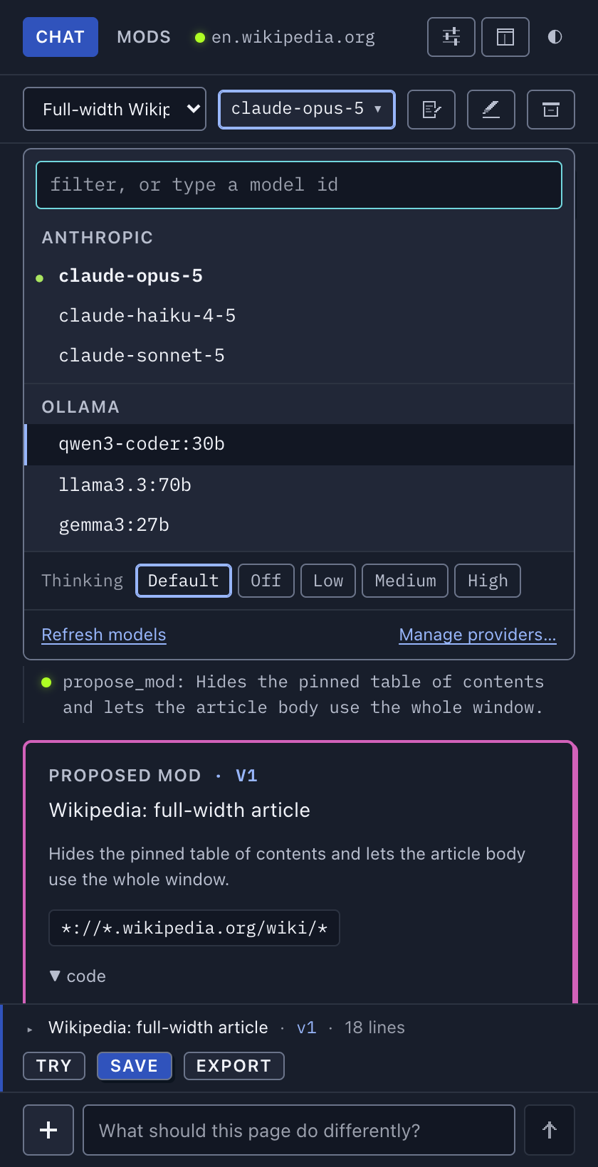 The model dropdown open from the chip in the chat bar: a filter field, the models of two connected providers grouped under their names, and a Thinking row.