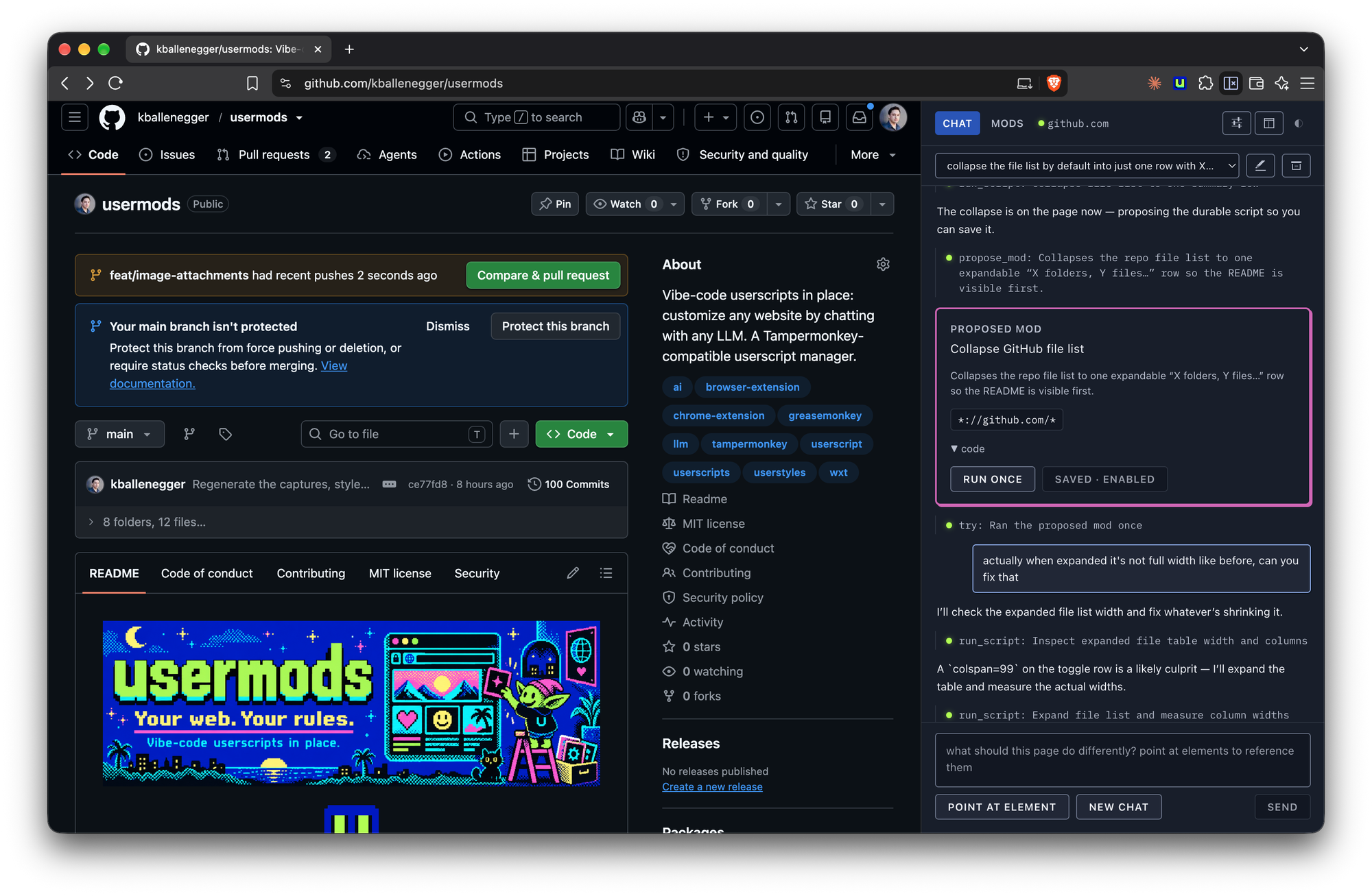 usermods in the Chrome side panel next to a GitHub repository page, mid-conversation: a proposed mod that collapses the file list is saved and enabled, and the user is asking for a follow-up change.