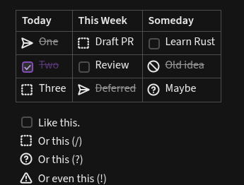 The same table and block list under the Prism theme with alternative checkboxes enabled, rendered with Prism's Lucide status icons