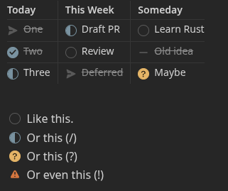 Flexible Tasks in Obsidian with the Minimal theme: interactive checkboxes inside table cells and in an ordinary list, showing to-do, done, in-progress, cancelled, forwarded, question, and important statuses