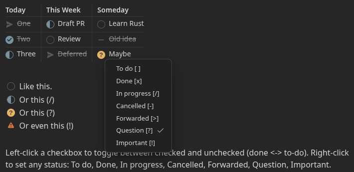 The right-click status menu, listing To do, Done, In progress, Cancelled, Forwarded, Question, and Important, with the current status checked