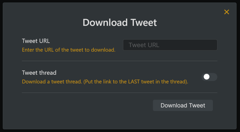 The modal to download a new tweet.