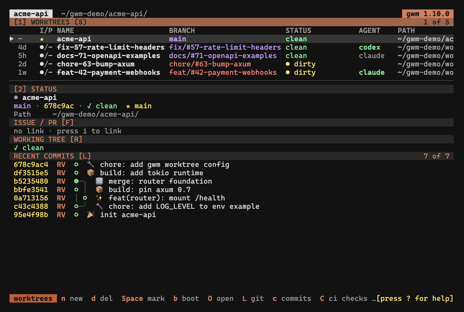 gwm in action: create a worktree with its bootstrap report, then remove it, from the TUI