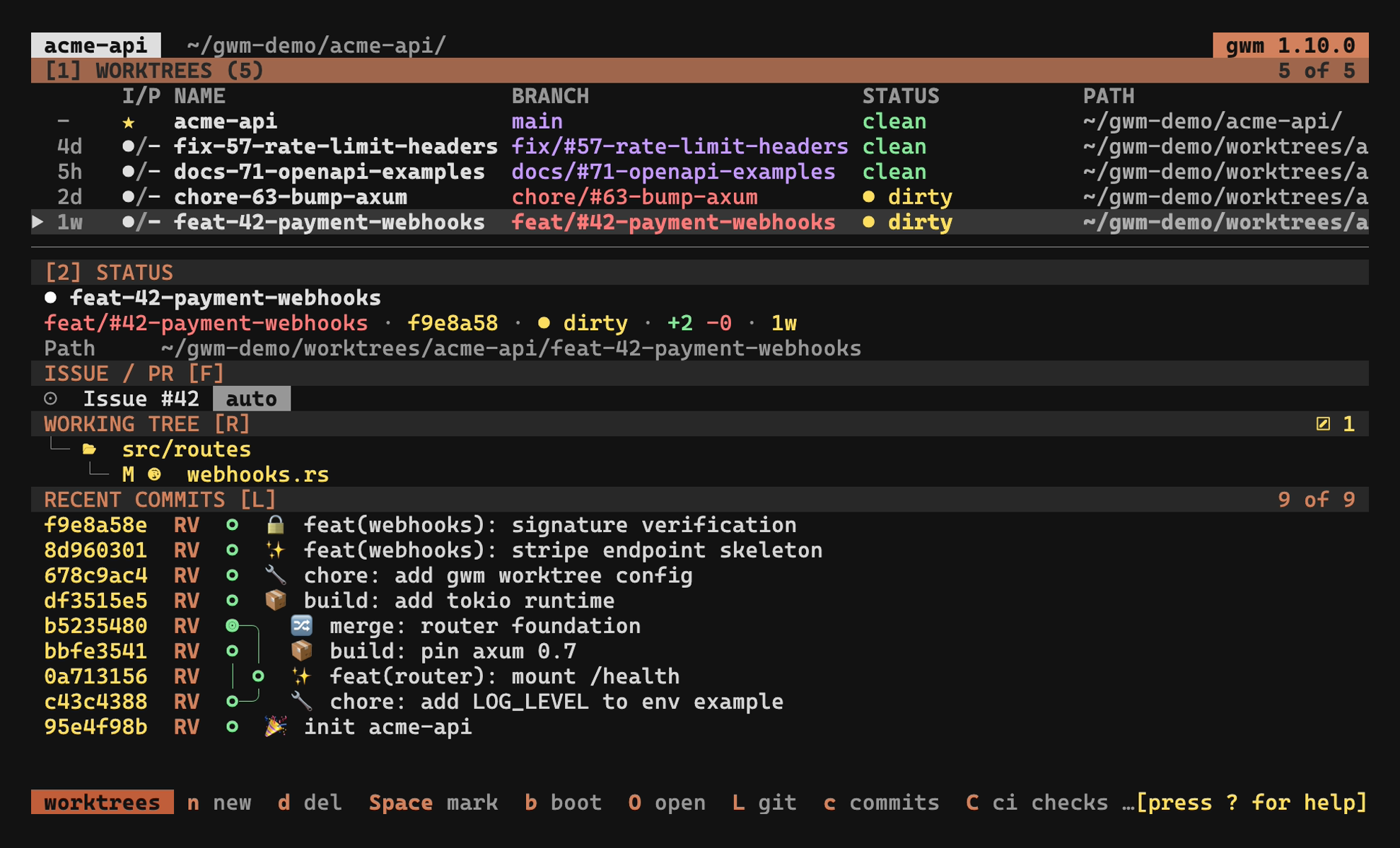 gwm TUI: worktree table and details sidebar