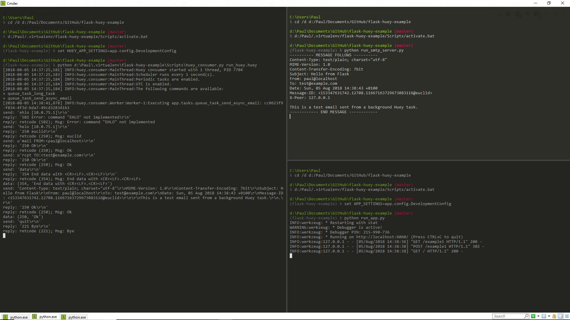 Huey receiving async email task command from Flask