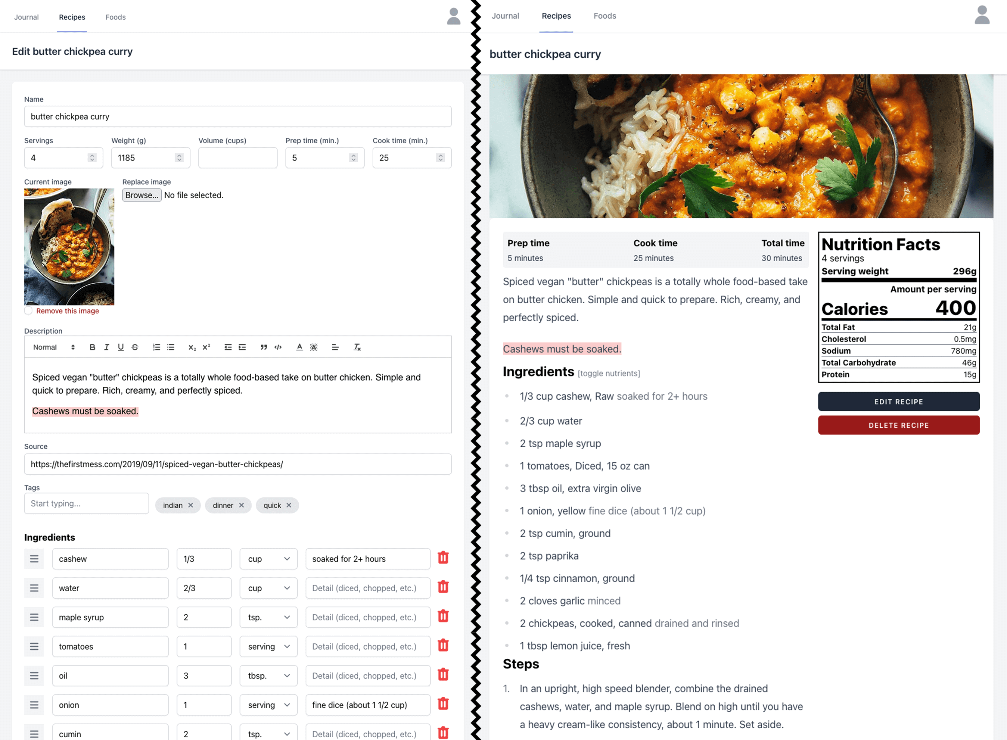kcal foods edit and show screenshot