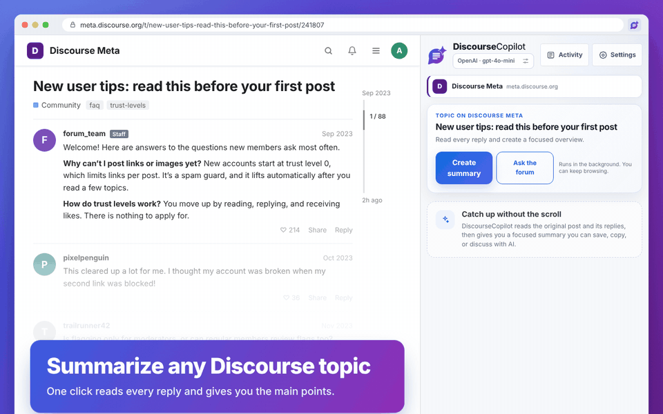 DiscourseCopilot in action: summarizing a Discourse topic, asking a follow-up, and asking the whole forum for an answer with sources