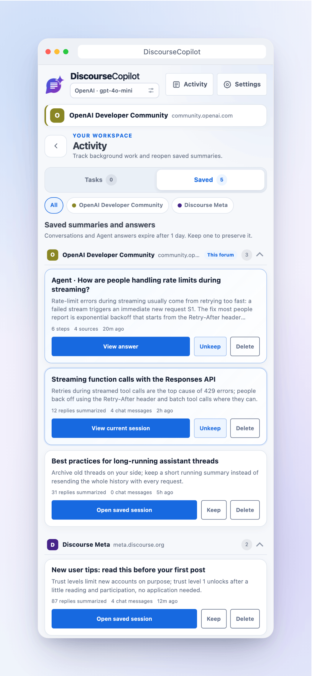 The Activity screen with saved summaries and answers grouped by forum