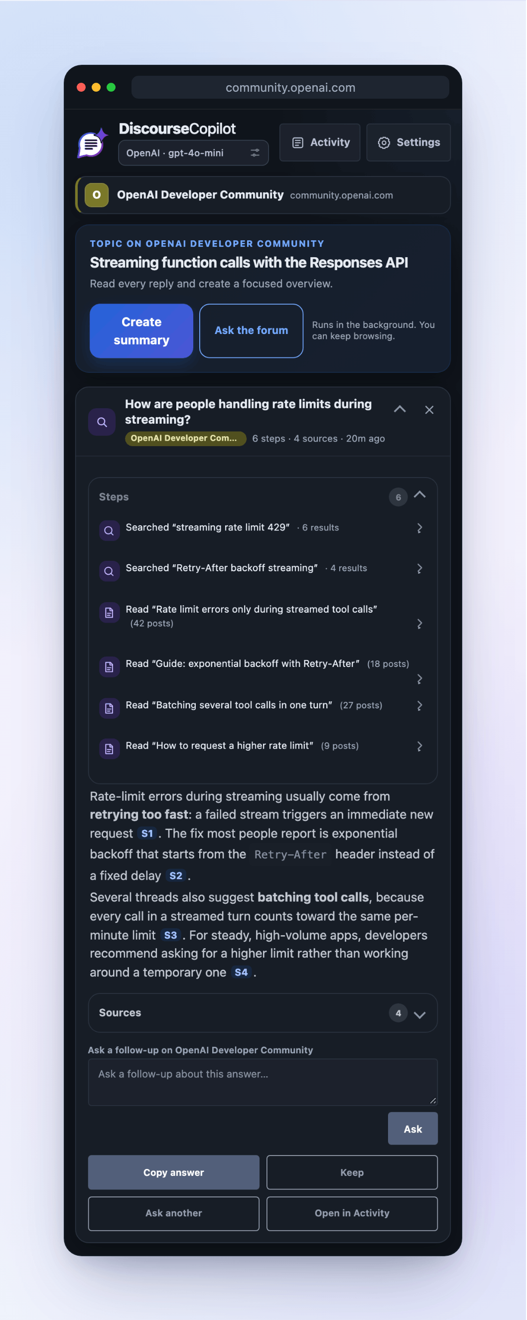 The side panel in dark mode