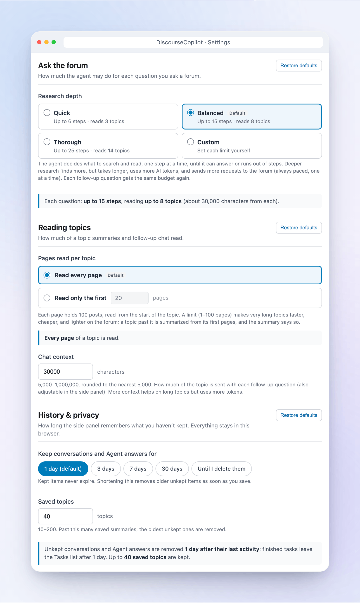 Settings for research depth, reading topics, and history