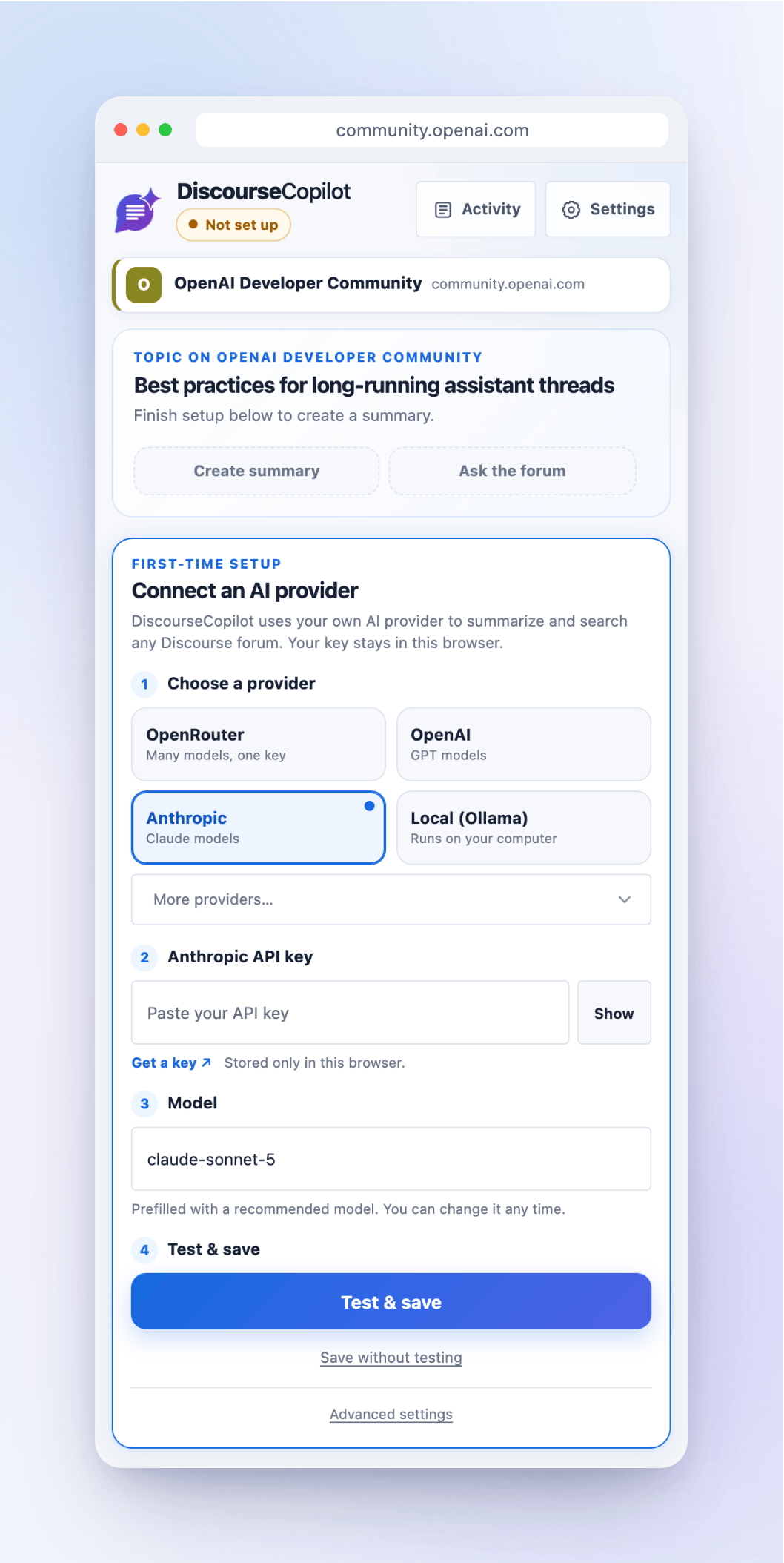 The first-time setup card for connecting an AI provider