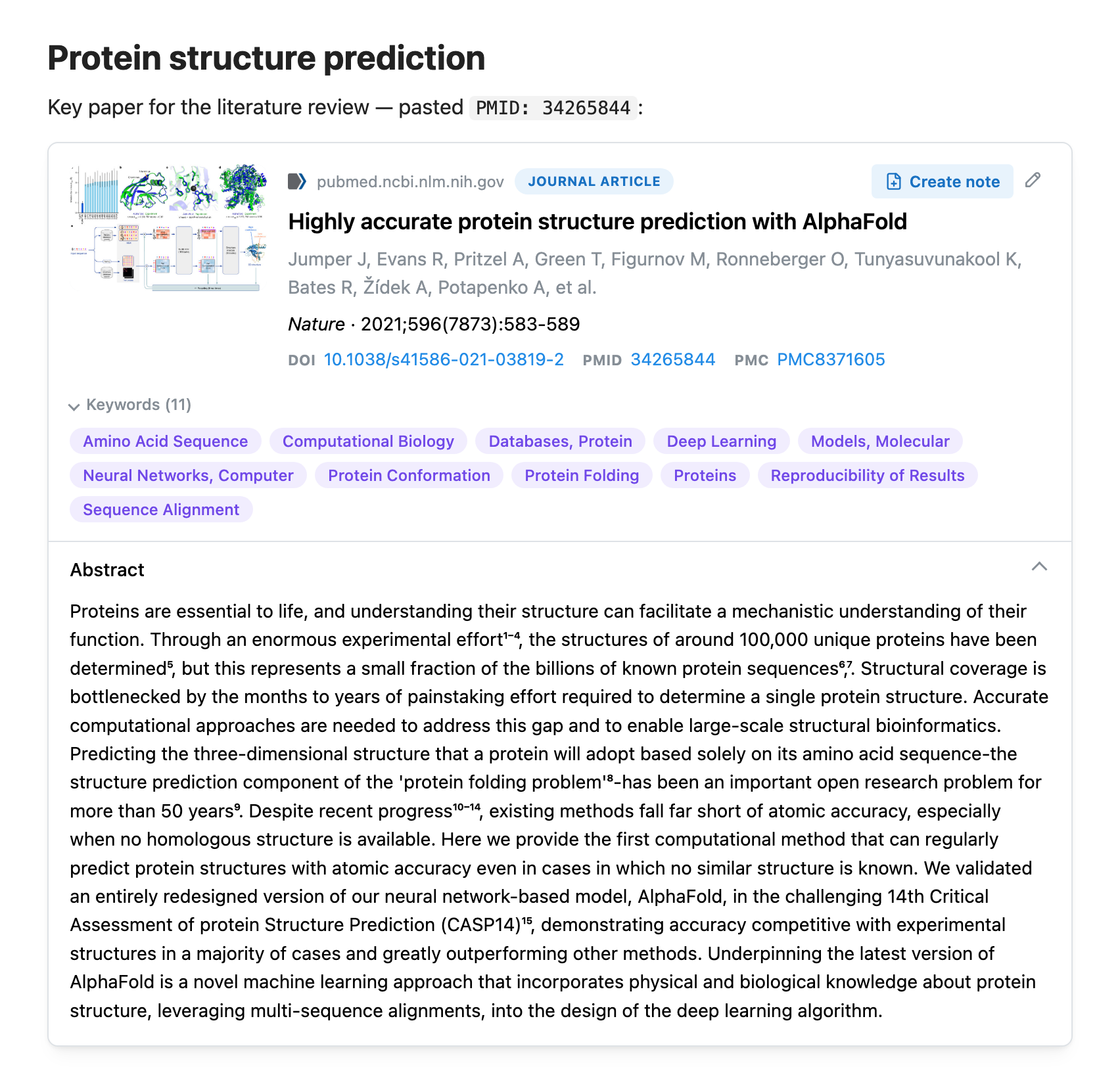 Scientific Article Card rendering PMID 34265844 in Obsidian: title, authors, citation, DOI/PMID/PMC links, MeSH keywords, preview figure and the structured abstract