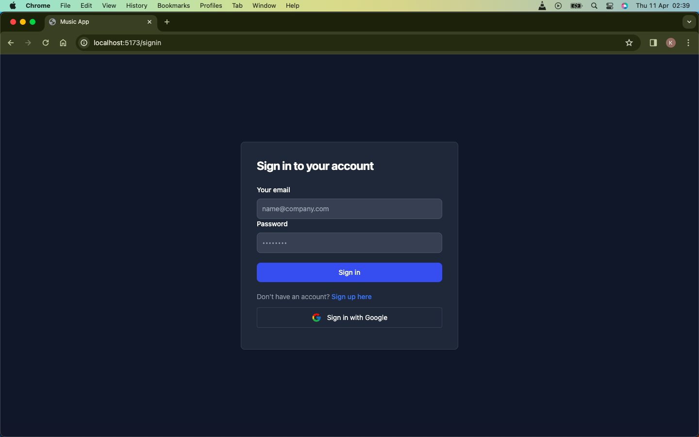 Login page