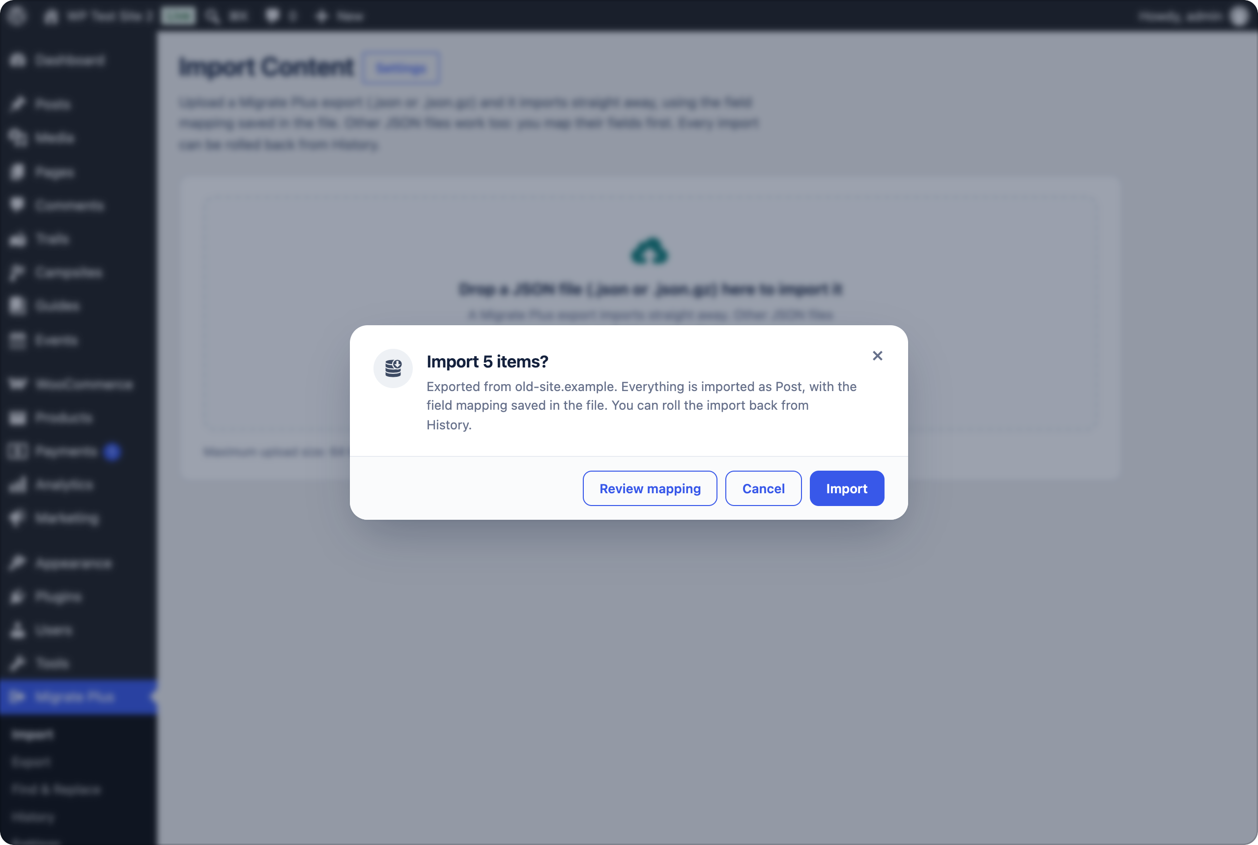 Dropping a Migrate Plus export on the Import page: a dialog asks to import 5 items exported from old-site.example