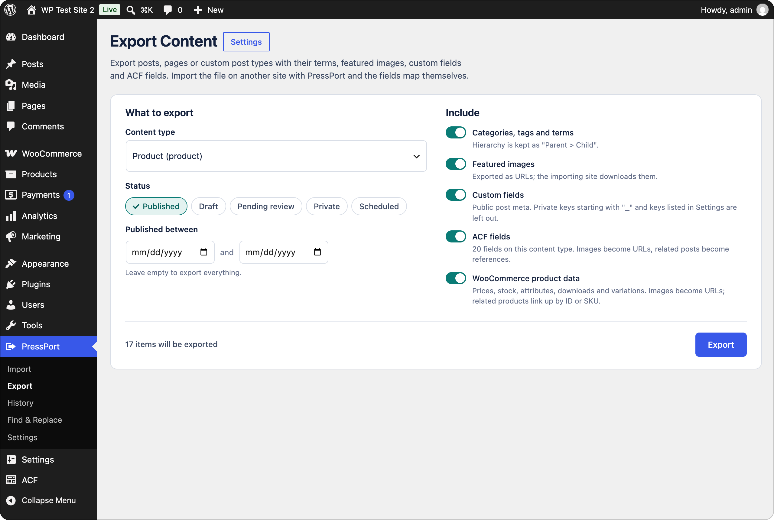 The Export page with Products selected and switches for terms, featured images, custom fields, ACF fields and WooCommerce product data