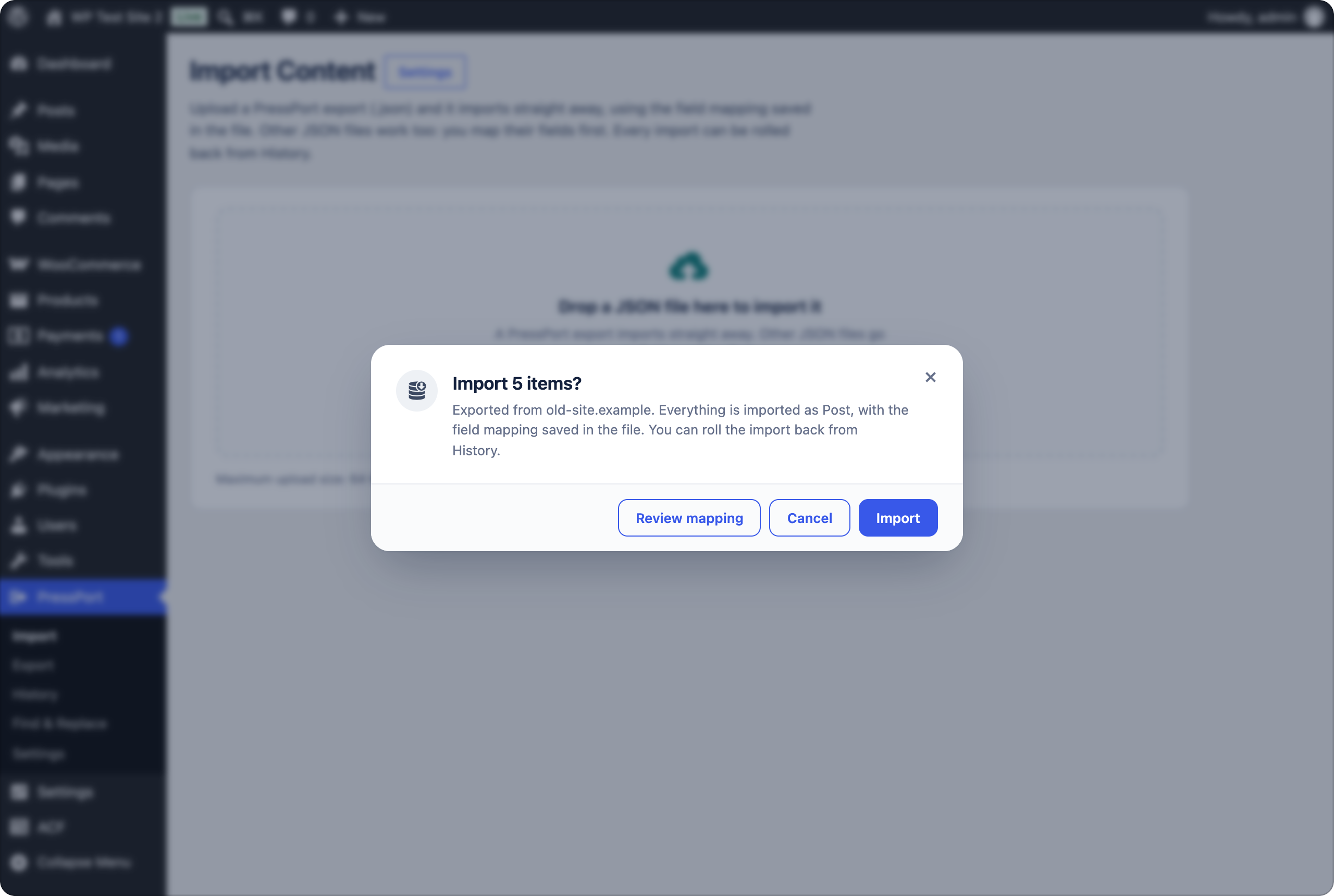 Dropping a PressPort export on the Import page: a dialog asks to import 5 items exported from old-site.example
