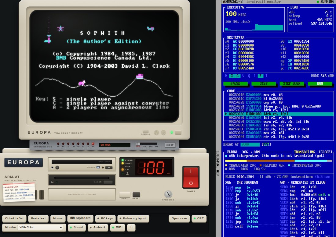 The ARM-DOS machine: a beige 1988 PC with a colour monitor showing Sopwith, standing on a modem, a red 100 MHz display and power switch, and the ARM inspector showing x86 code translated into ARM