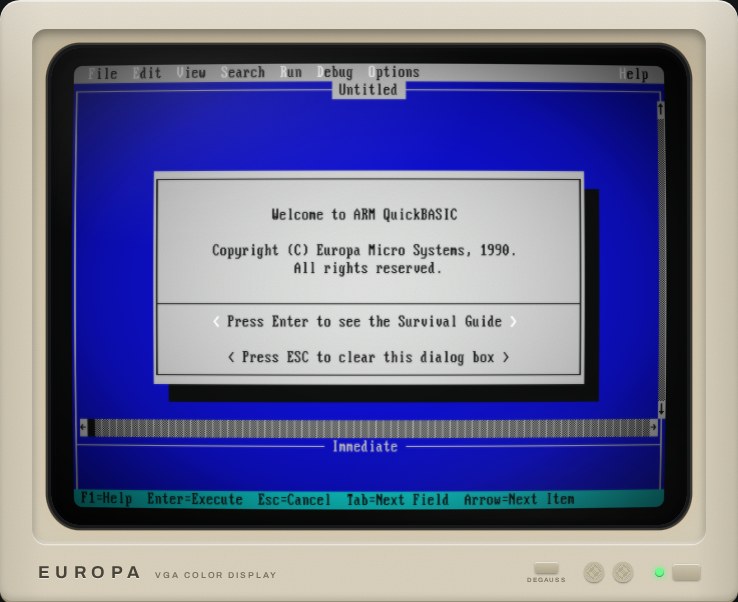 ARM QuickBASIC's editor with its Welcome dialog