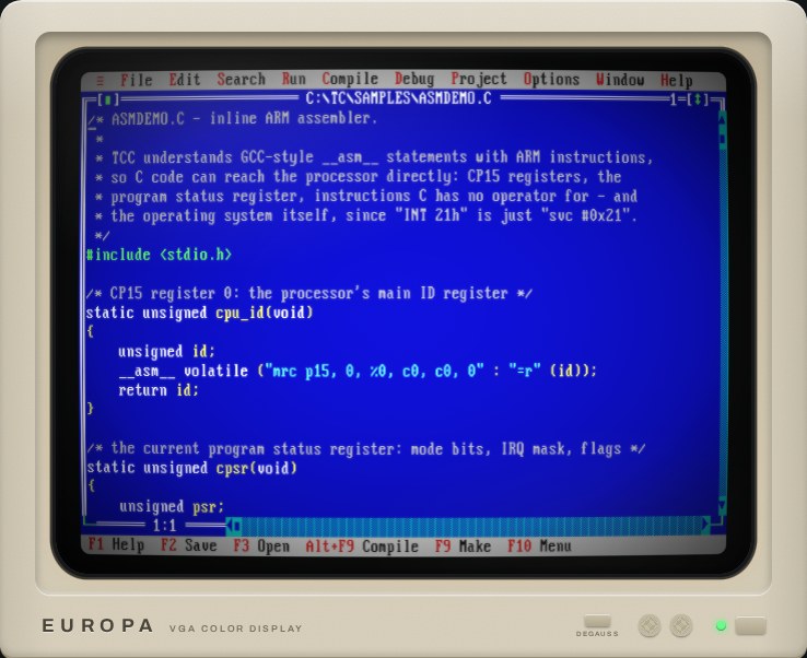 ARM Turbo C's editor showing a C program with inline ARM assembly