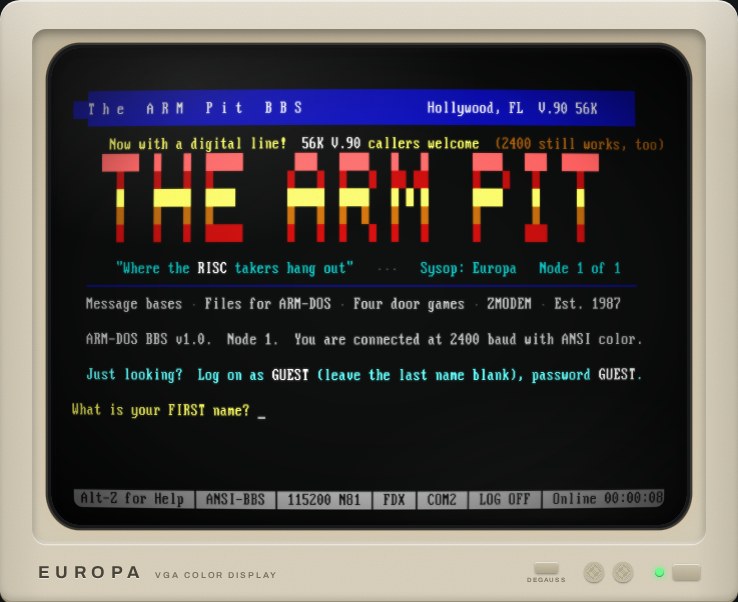 TERM connected to The ARM Pit BBS: its ANSI welcome screen and logon prompt