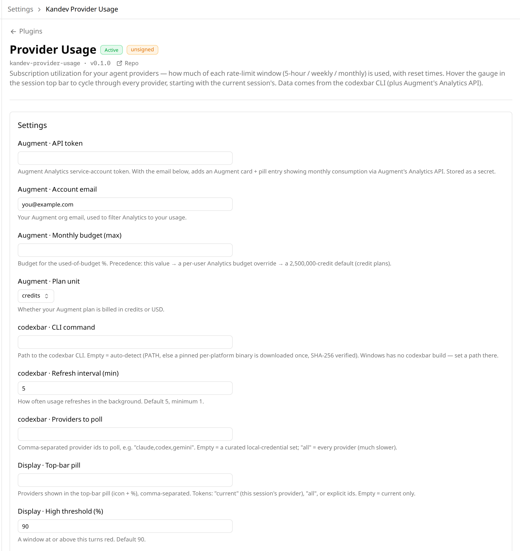 Settings page
