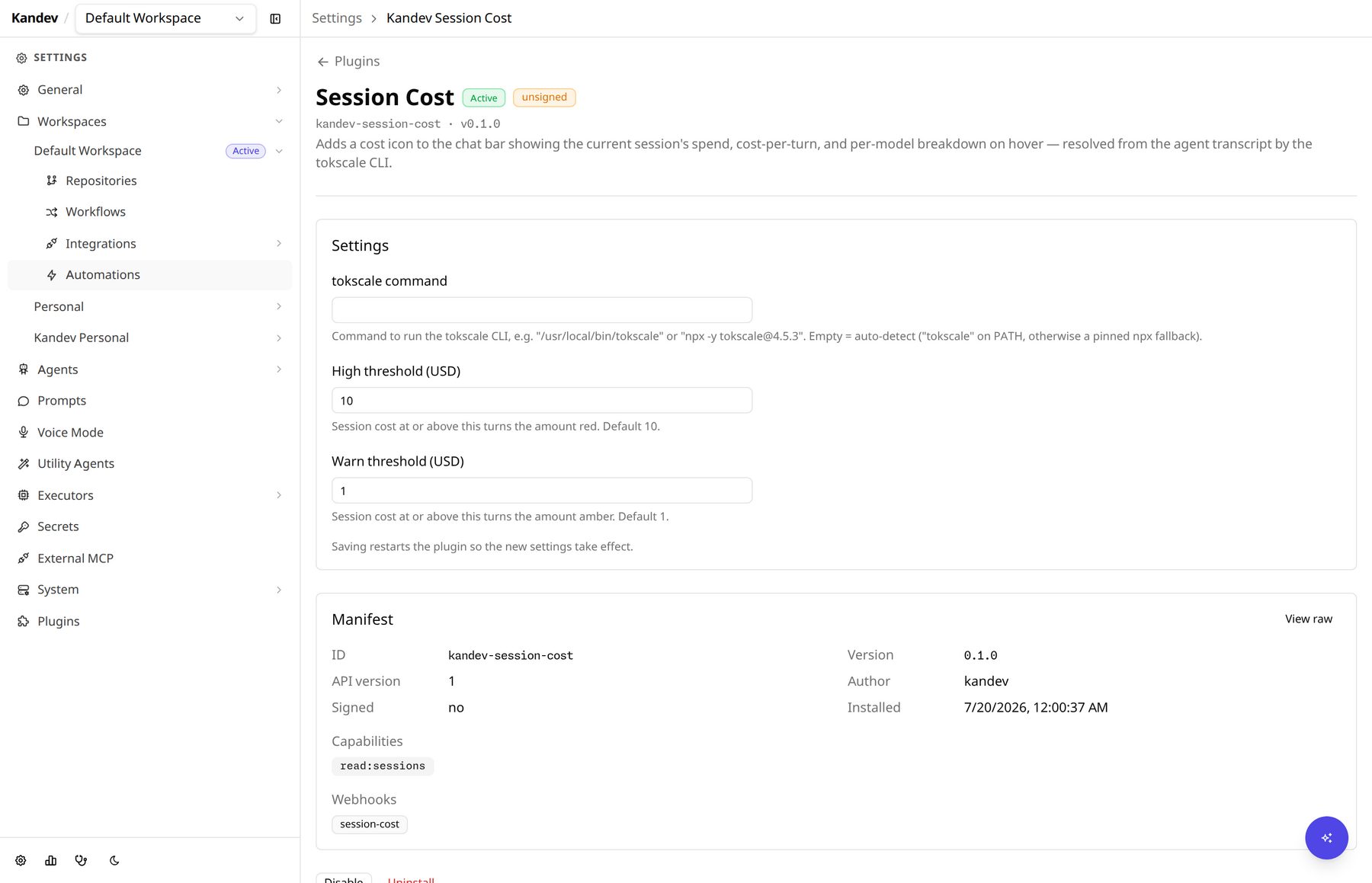 Settings page