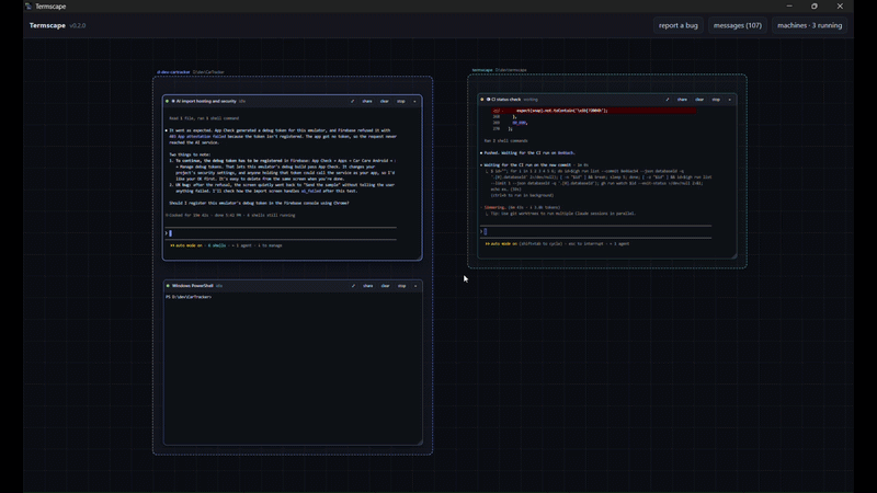 Agents on a Termscape canvas messaging each other