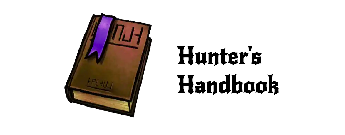 Hunter's Handbook banner. A brown book logo with a purple bookmark and the words 'Hunter's Handbook' next to it.