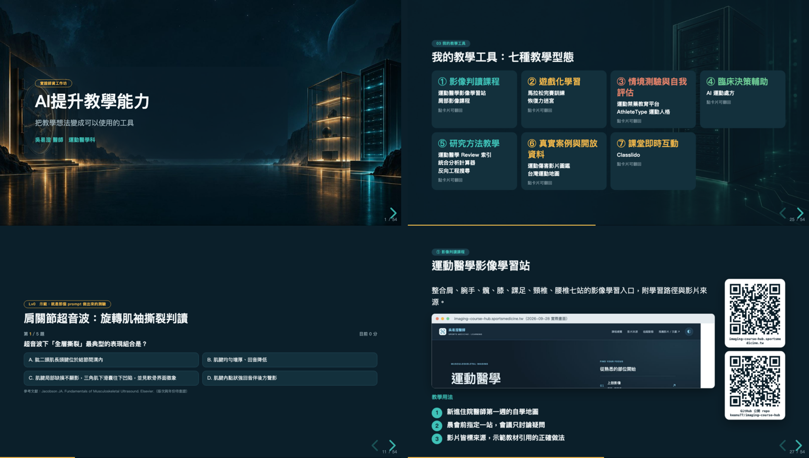 封面逐字浮現、3D 翻卡、頁內可作答的測驗、雙 QR 工具頁
