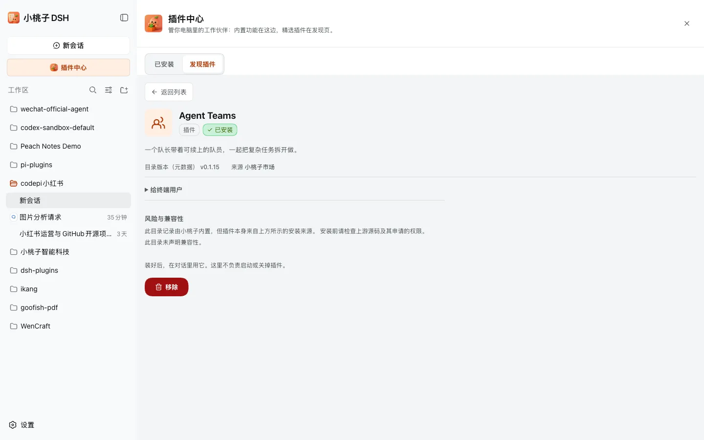 Plugin detail with version, source, and install specification