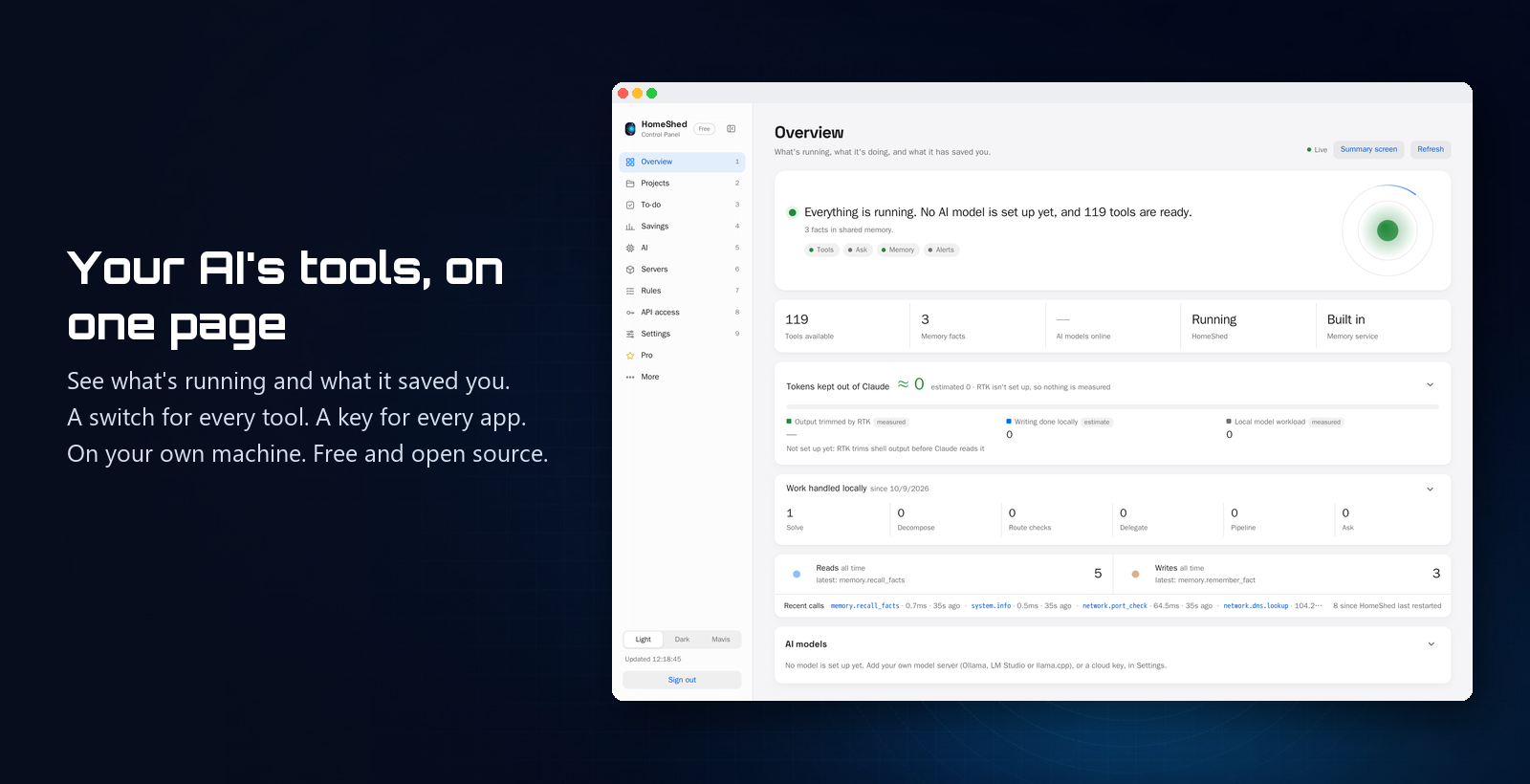 The optional HomeShed Control Panel on a fresh install, beside the words: Your AI's tools, on one page. See what's running and what it saved you. A switch for every tool. A key for every app. On your own machine. Free and open source.