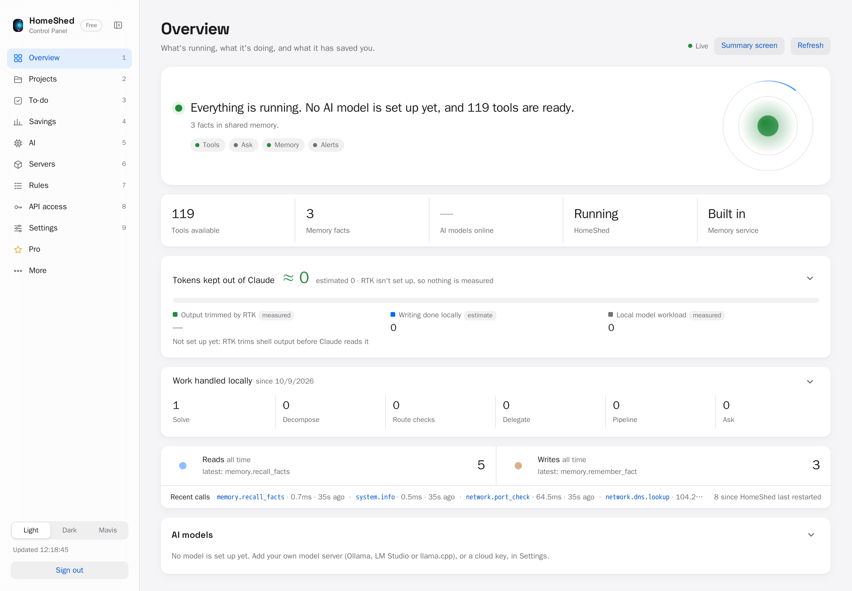 The HomeShed Control Panel's Overview on a fresh install: everything running, 119 tools ready, 3 facts in built-in memory, and the latest tool calls