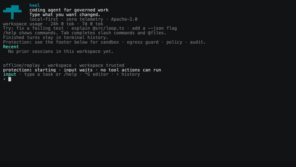 A real keel production TUI session launches, then its warden blocks an SSH private-key read before execution