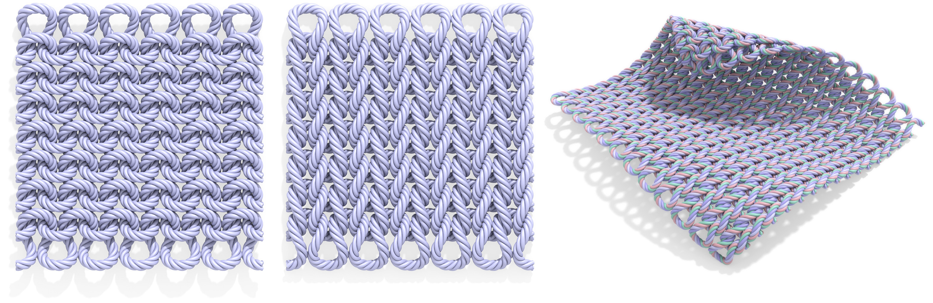 Front and back of plain knit yarn pattern, and yarns mapped onto a developable surface