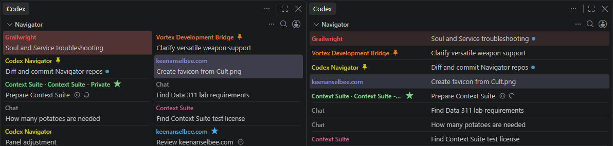 Codex Navigator in columns on the left and a list on the right, showing the same conversations with repository labels, colours and activity indicators