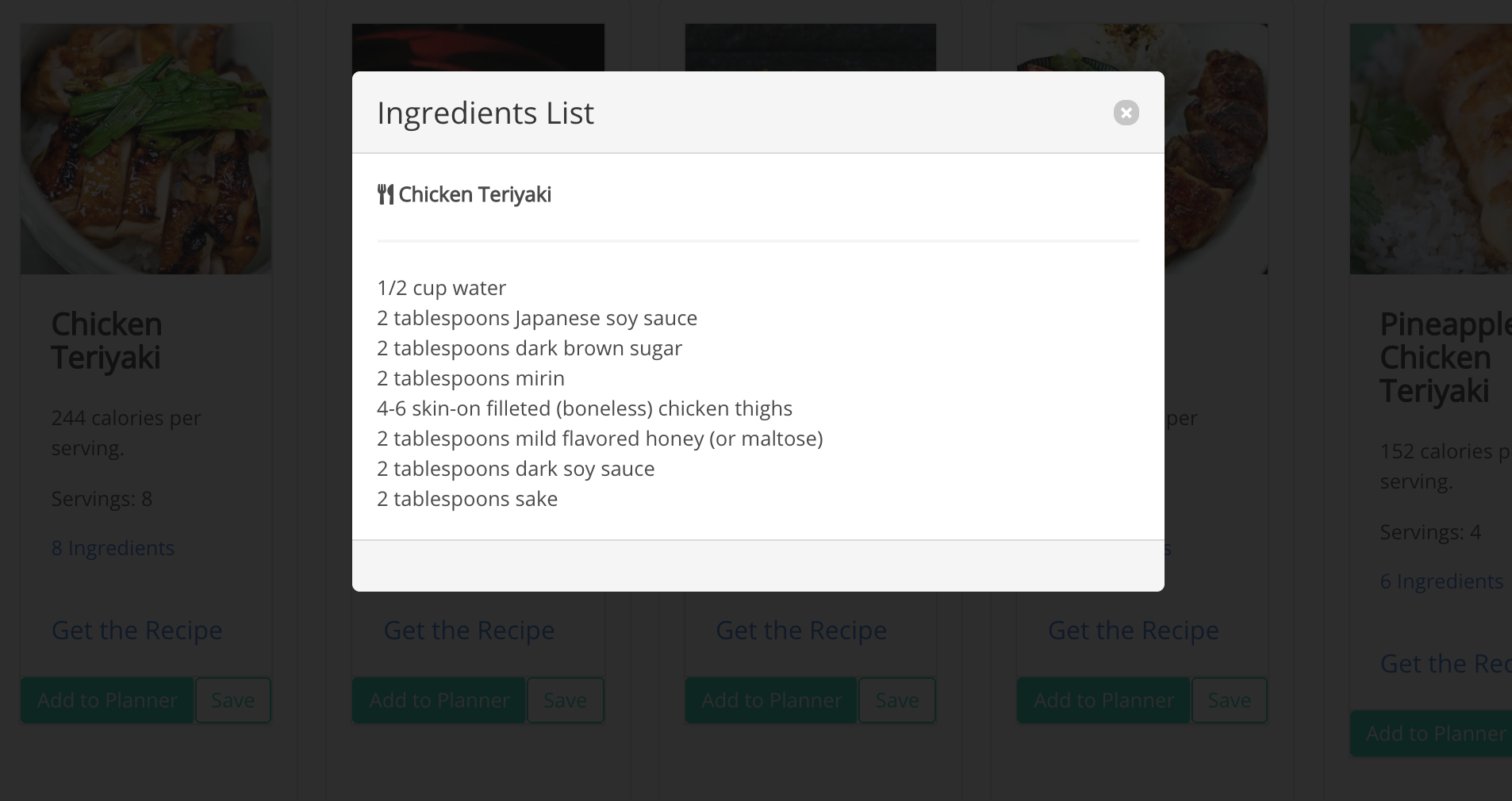 Display ingredients list