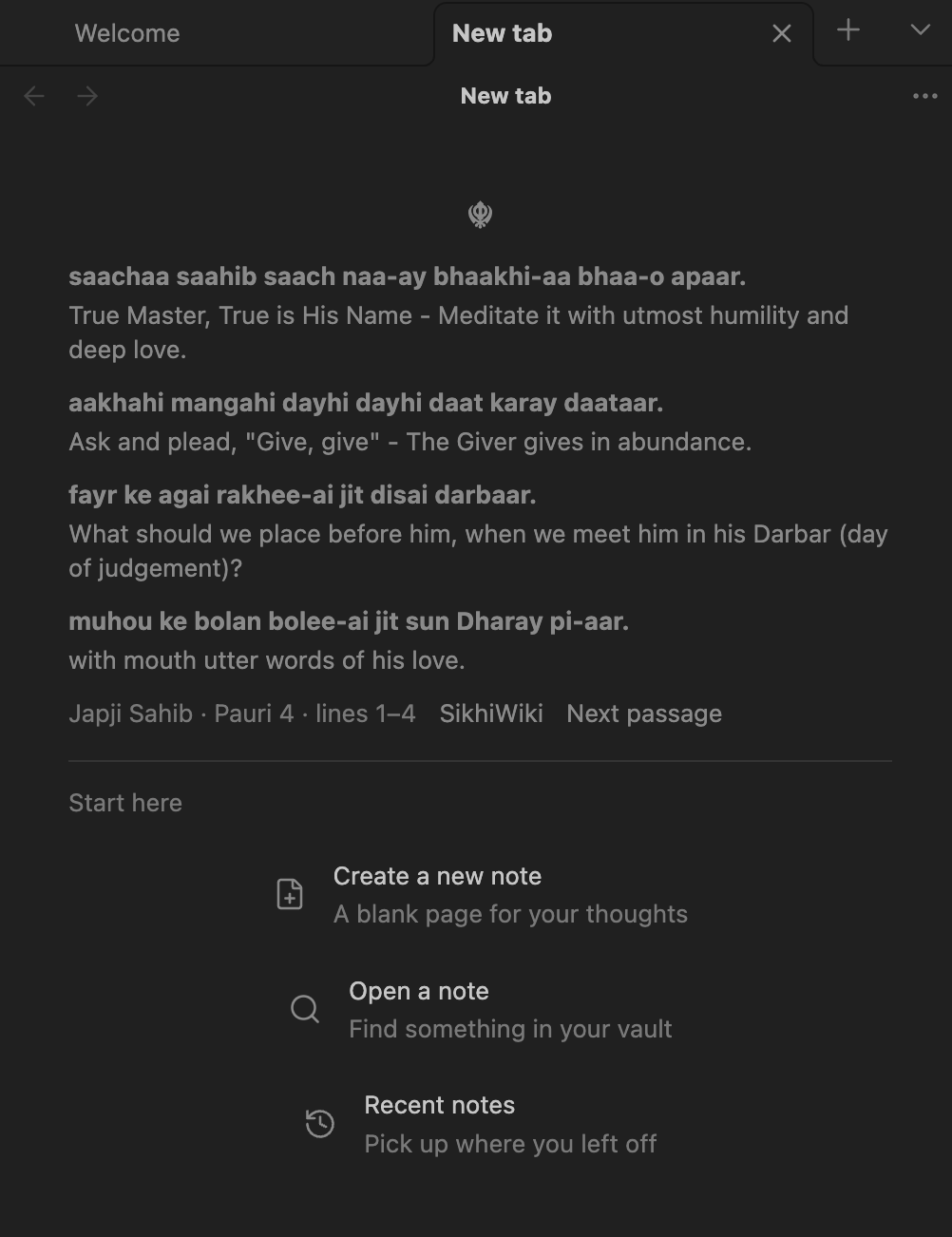 New Tab Japji in dark mode with Blue Topaz