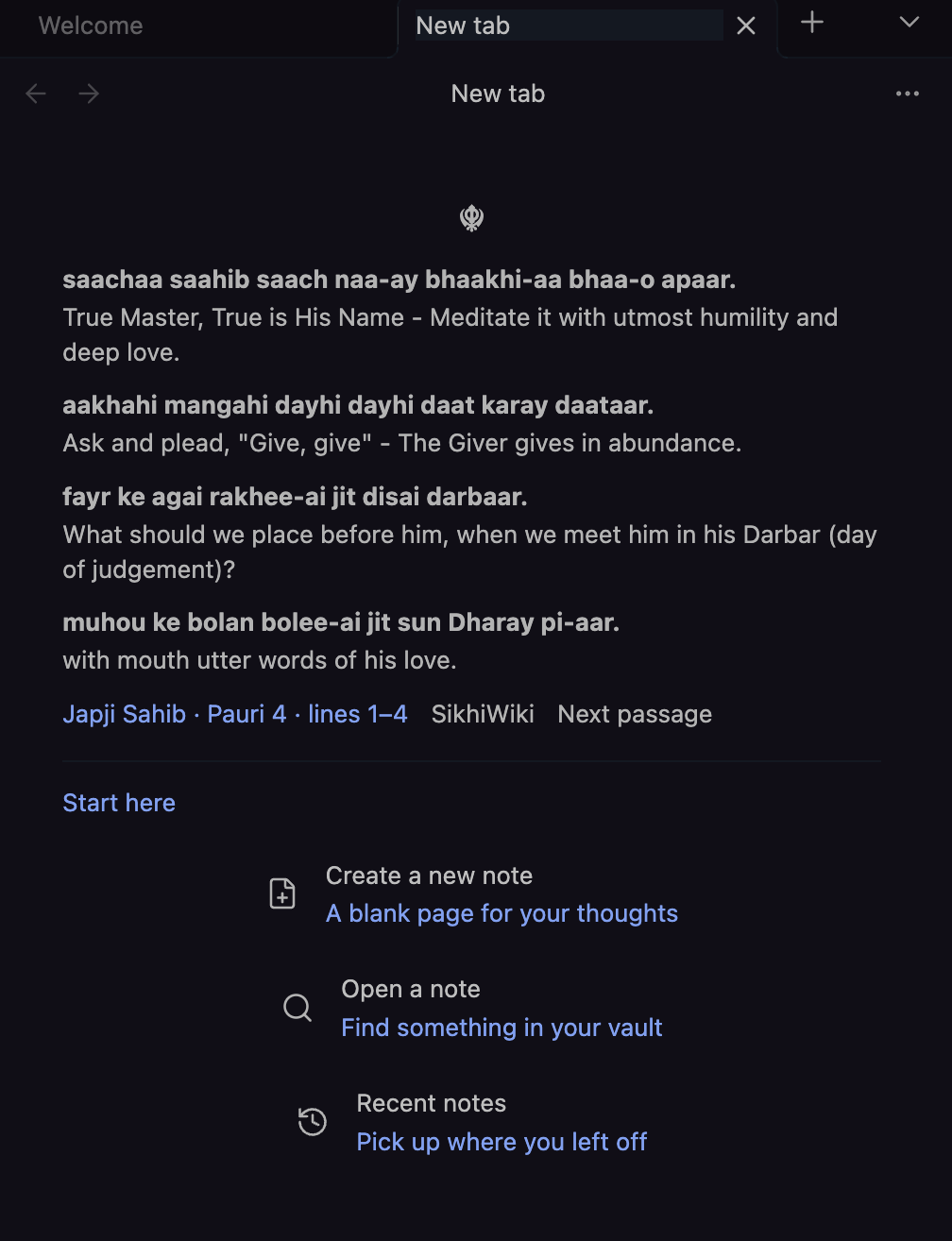 New Tab Japji in dark mode with Obsidianite