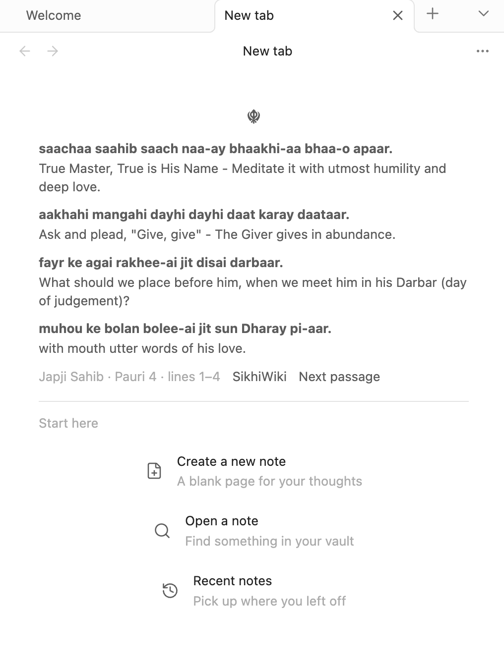 New Tab Japji in light mode