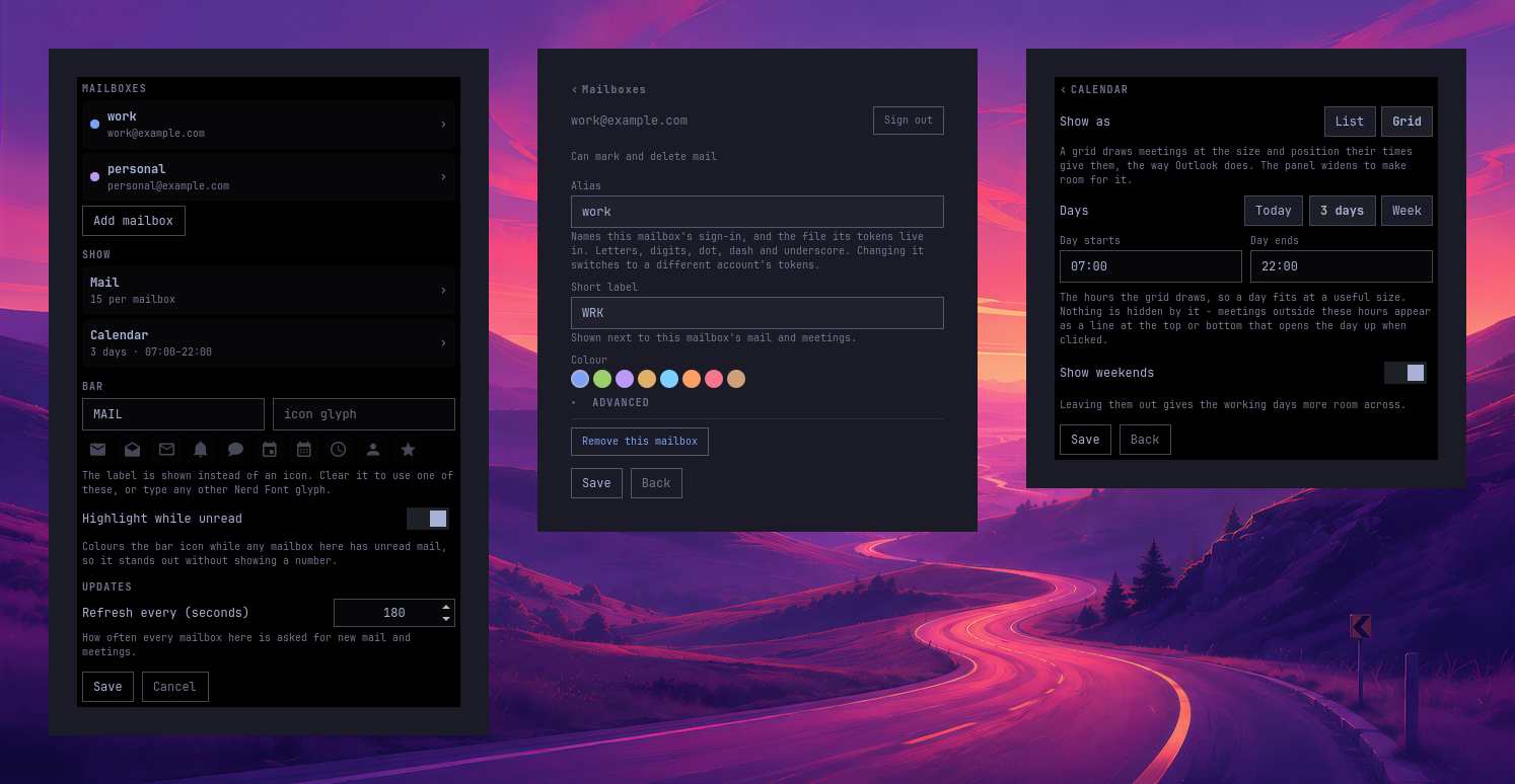 The settings pages: the index, one mailbox, and the calendar
