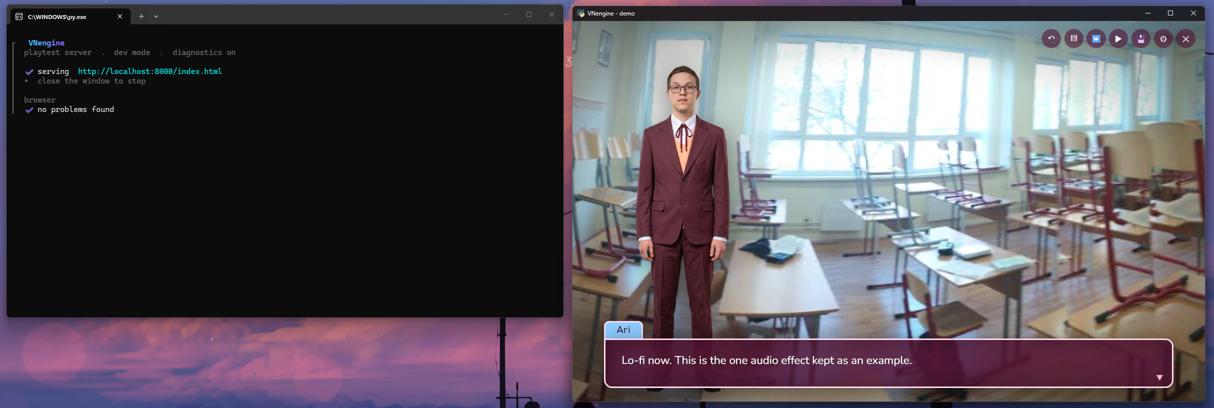 VNEngine demo game running in its native window, next to the playtest terminal