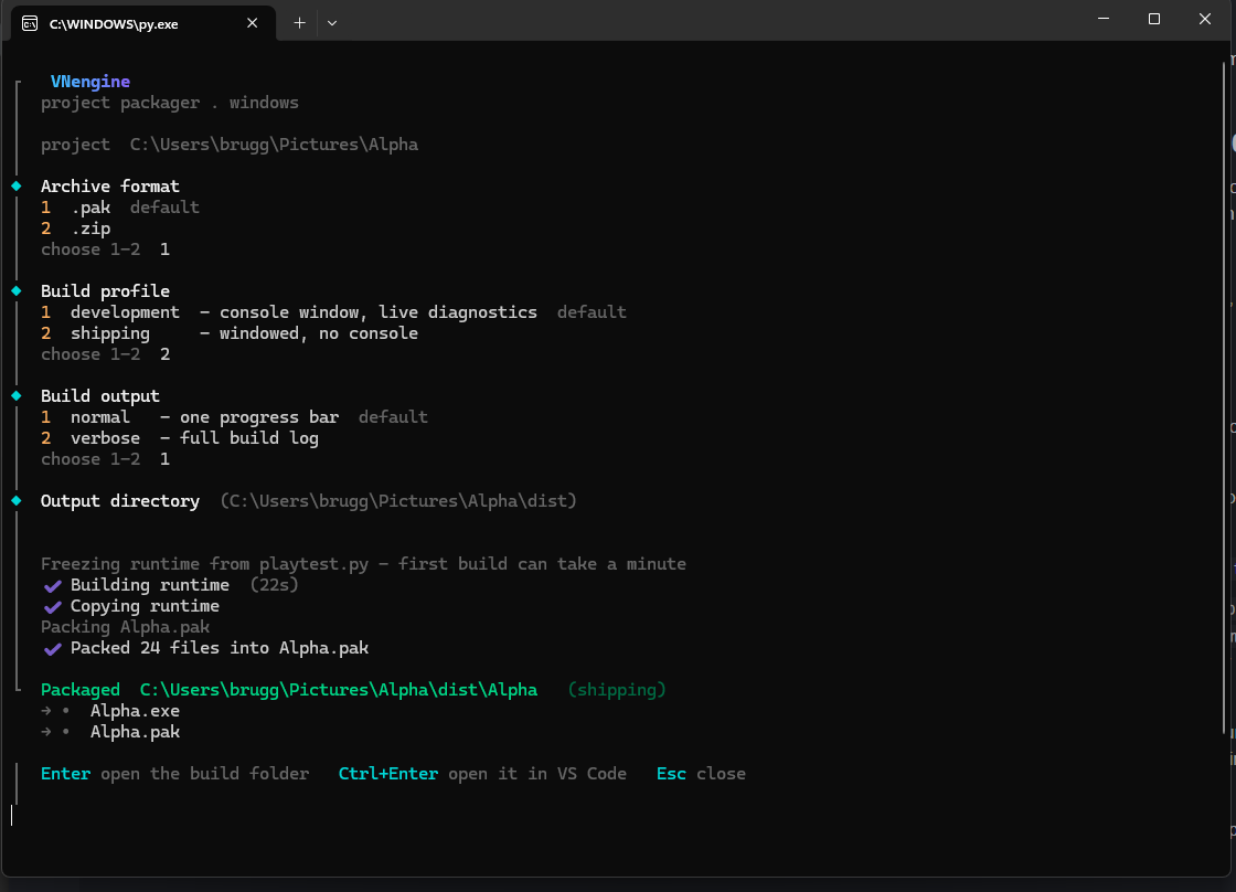 the packager prompting for archive format, build profile and output directory, then producing a .exe and .pak